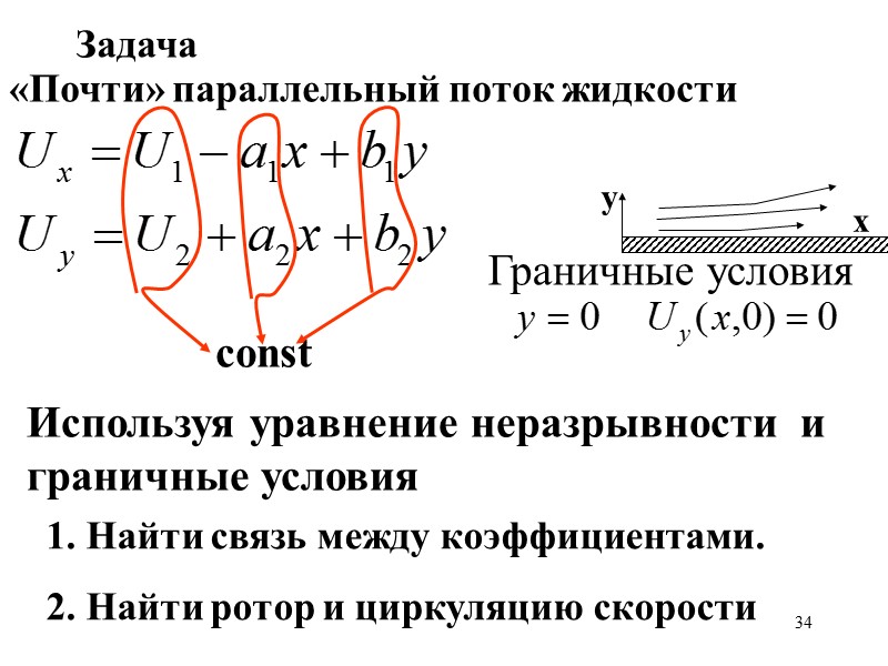 34 «Почти» параллельный поток жидкости Граничные условия у х Используя уравнение неразрывности  и